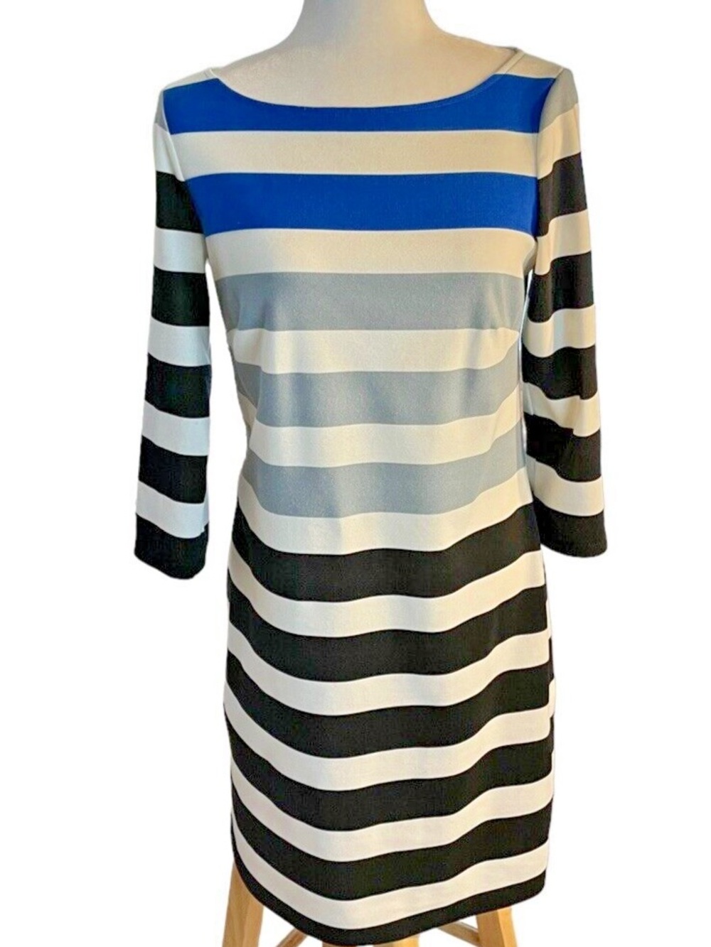 London Times Striped Boatneck Dress in Blue, Black & White